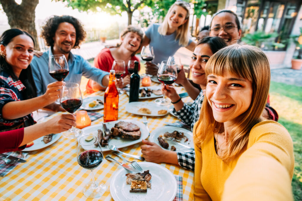 Group,Of,Happy,Friends,Taking,Selfie,At,Bbq,Outdoor,Dinner